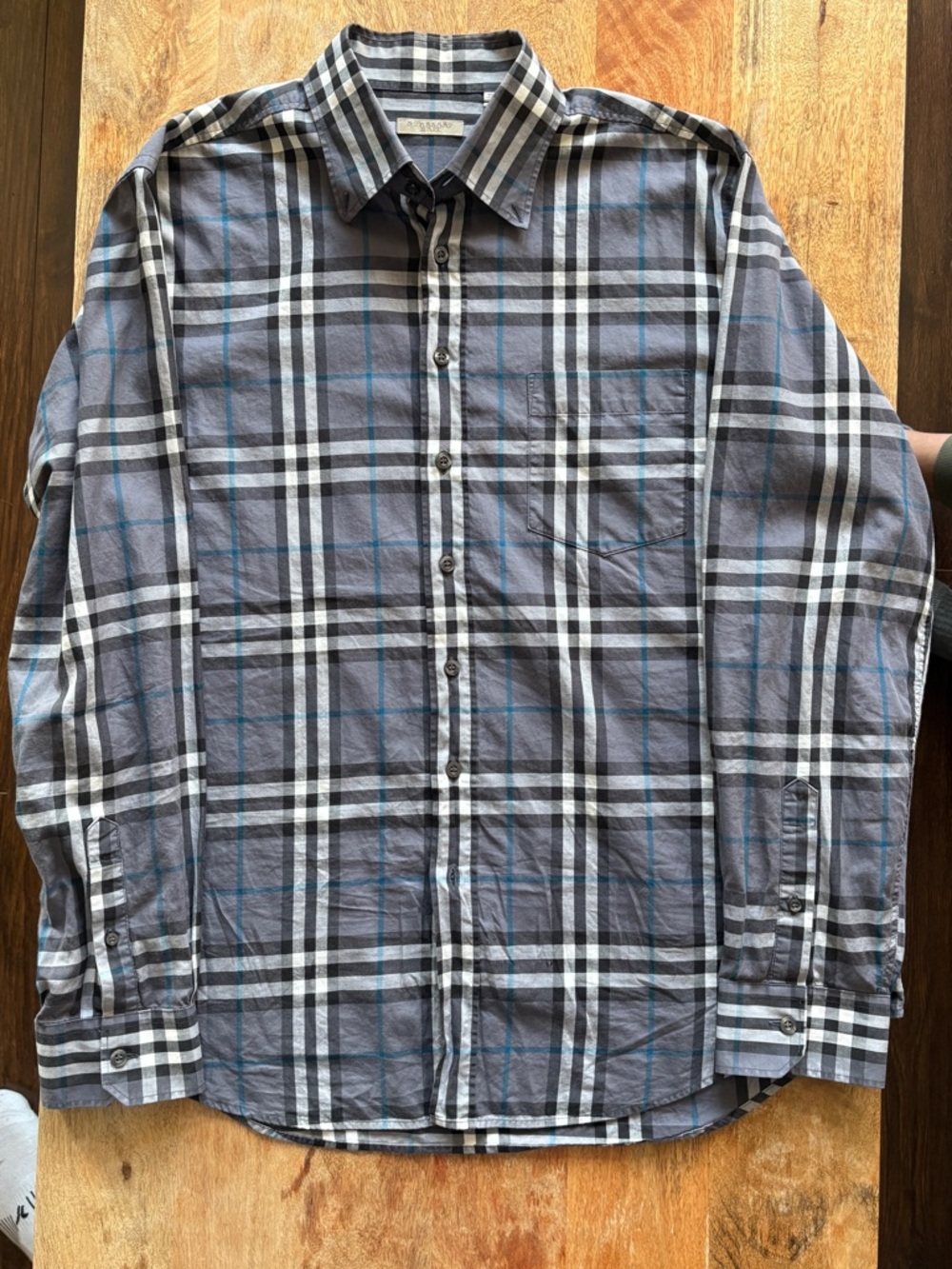 Burberry Gray Plaid Dress Shirt with Blue Windowpane